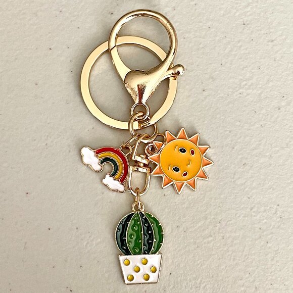 Sunny Rainbow Sky and Cactus Keychain Purse Charm - Picture 1 of 4